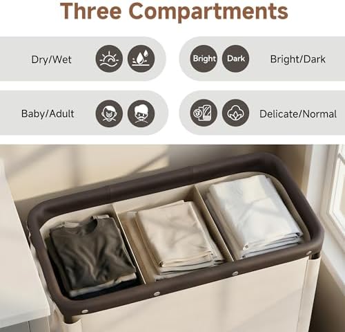 StorageWorks 3 Section Laundry Hamper, 120L Beige Sorter Cart with Wheels - Image 4