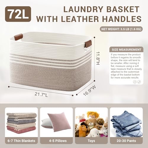72L Large Woven Laundry Basket Hamper with Leather Handles,Brown​ - Image 2