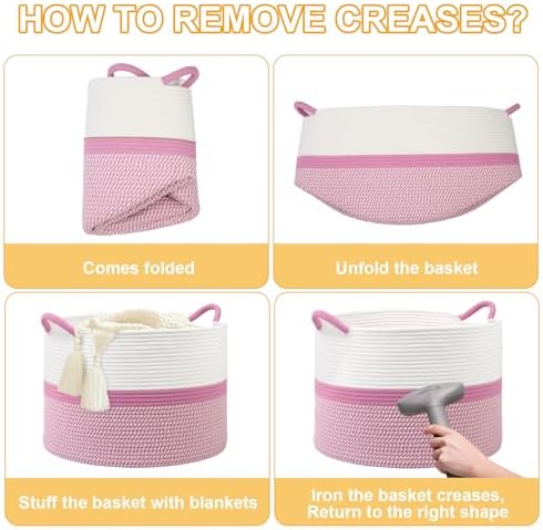 Pink Laundry Basket,20''x13''Woven Cotton Rope Laundry Hamper,Large Blanket Basket for Living Room,Baby Baskets,Kids Toy Storage Basket for Organizing,Woven basket,Clothes Hamper,Room Decor - Image 7