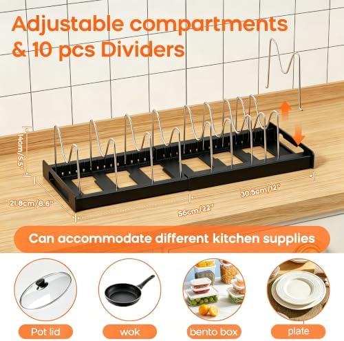 Nigelia 2 Pack Pots and Pans Organizer for Under Cabinet, 22" Expandable Food Storage Container Lid Organizers with 10 Adjustable Dividers Pot Lid Holders Rack Inside Cabinet&Kitchen Countertop(Black) - Image 2