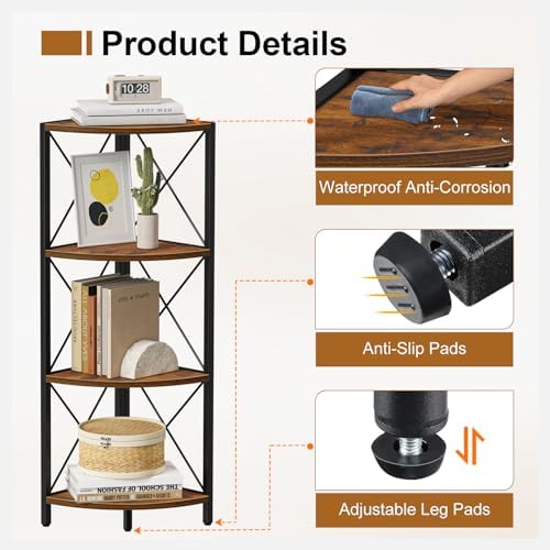 Snughome Rustic Corner Shelf Stand for Desktop, 4 Tier Corner Storage Plant Shelf, Freestanding Corner Shelf Display Rack, Multi-Unit Organizer for Living Room, Home Office, Small Space，Rustic Brown - Image 5