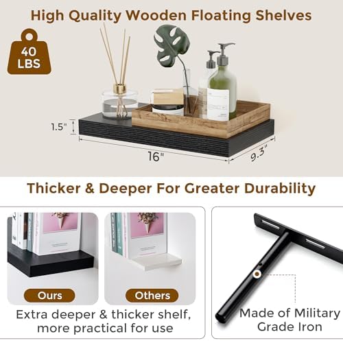 16 inch Floating Shelves for Wall, 9.3in Deep Black Shelves - Image 3