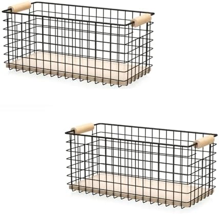 2-Pack Wire Baskets 12.8" x 6.25" Solid Wood Handles Organizer by Unknown