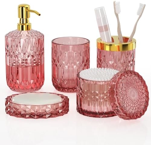 New Pink Glass Bathroom Accessories Set 5 Pcs, Pink Bathroom Set, Soap Dispenser and Toothbrush Holder Set, Qtip Holder Set, Vintage Bathroom Sink Set, Cute Bathroom Decor by QIQU