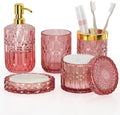 New Pink Glass Bathroom Accessories Set 5 Pcs, Pink Bathroom Set, Soap Dispenser and Toothbrush Holder Set, Qtip Holder Set, Vintage Bathroom Sink Set, Cute Bathroom Decor by QIQU