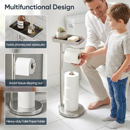 theaoo Toilet Paper Holder Stand with Shelf, Flushable Wipes Dispenser, Free Standing Toilet Tissue Roll Storage Rack Organizer for Bathroom (Silver, Free Standing - with Storage) - Image 4