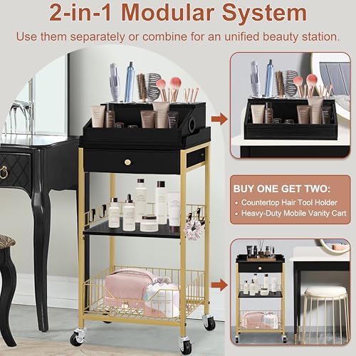 Black and Gold Rolling Makeup Cart with Drawer, Hair Tool Holder - Image 2