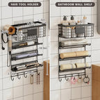 Magheo Hair Dryer Holder Wall Mounted, Adheisve Hair Tool Organizer for hair Brush/Appliance Wall Mount with 5 Tier Shelf Basket Hooks Blow Dryer and Straightener Holder for Bathroom(Black) - Image 6