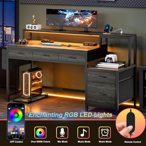 REAHOME 61 Inch 5 Drawers Grey Oak Reversible Gaming Desk - Image 5