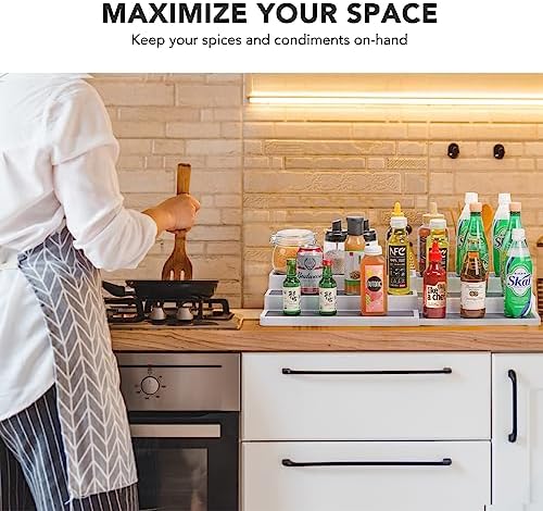 CiWiVOKi 3 Tier Expandable Spice Rack Organizer, White/Grey Plastic Spice Rack, Adjustable Length 14.6In-25.8In, 2 Pack Non-Skid Tiered Spice Shelf Organizer for Kitchen Cabinet, Cupboard, Pantry - Image 4