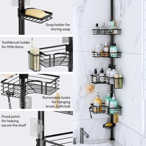 SWTYMIKI Shower Caddy Tension Pole - 4-Tier Corner Shower Organizer Tension Rod with Soap Holder, Toothbrush Holder & 4 Hooks, Adjustable Stainless Steel Bathroom Organizer 27.6 to 108.3 inch, Black - Image 4