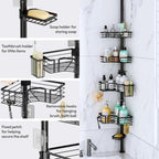 SWTYMIKI Shower Caddy Tension Pole - 4-Tier Corner Shower Organizer Tension Rod with Soap Holder, Toothbrush Holder & 4 Hooks, Adjustable Stainless Steel Bathroom Organizer 27.6 to 108.3 inch, Black - Image 4