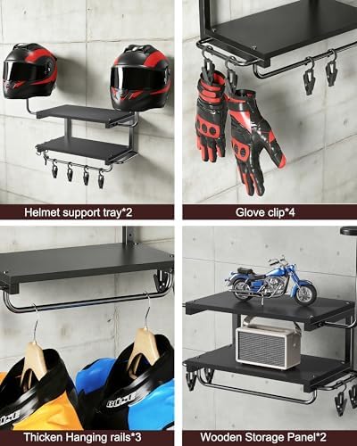 Motorcycle Helmet Holder Wall Mount, 2 Tier Helmet Rack with 2 Hat Stands - Image 5