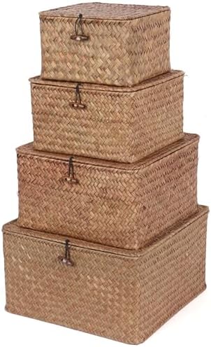 Moosky Wicker Shelf Baskets with Lid, Handwoven Seagrass Storage Basket Bins Square Gift Boxes for Shelves Home Decor Organizer (Coffee, Set of 4) by Moosky