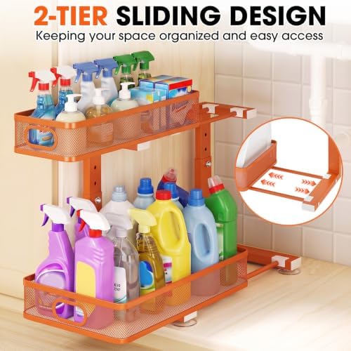Under Sink Organizer 4-Pack, Metal 2-Tier Pull-Out Cabinet Shelf with Slide-Out Mesh Drawers, Height Adjustable, Space-Saving Under Sink Storage Racks for Kitchen, Bathroom, Laundry Room, Orange - Image 6