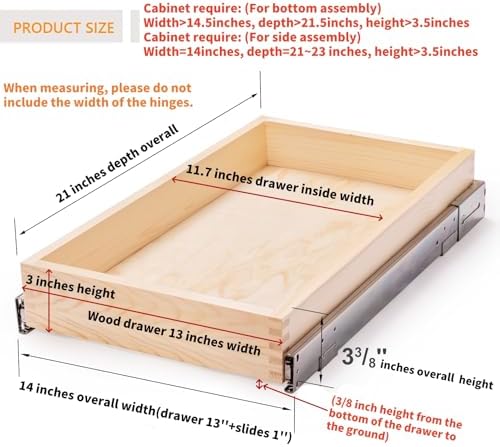 Mulush 13”W x 21”D x 3”H Soft Close Slide Out Wood Drawer Organizer for Kitchen, (Cabinet Opening Width>14.5 inches for Bottom Assembly, Width= 14 inches for Side Assembly) - Image 3
