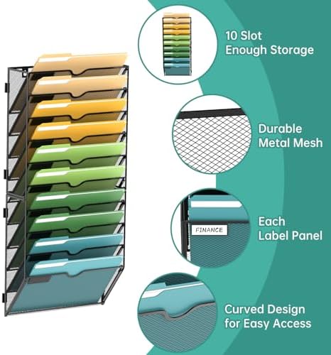 SUPEASY 10 Tier Wall File Organizer, Hanging Wall Mounted Mail Organizer with Label Slots, Metal Mesh File Holder Magazine Rack for Office, Home, School or Classroom, Black - Image 3