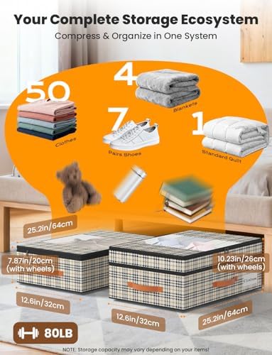 TOSKING 2-Pack Under Bed Storage Drawers with Wheels, 6 Vacuum Bags, Adjustable Height 7.9-10.2", 63L/80 lbs Clear Lid Rolling Bin, 900D Oxford, Space Saver for Dorm Bedroom Clothes Shoes, Houndstooth - Image 4