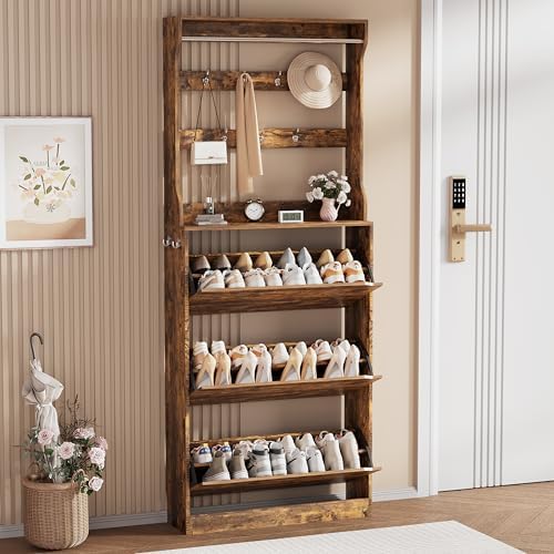 Brown Hidden Shoe Cabinet with 3 Flip Drawers & Coat Rack, Entryway by Boonatu