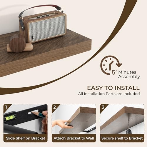 RICHFOCUS 36Inch Floating Shelves for Wall 2Pack, Walnut, 8" Deep - Image 5
