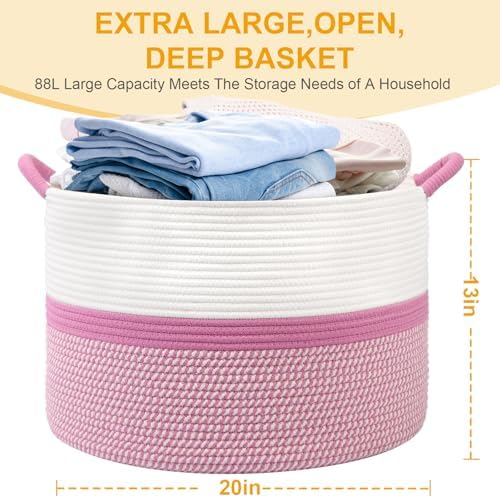 Pink Laundry Basket,20''x13''Woven Cotton Rope Laundry Hamper,Large Blanket Basket for Living Room,Baby Baskets,Kids Toy Storage Basket for Organizing,Woven basket,Clothes Hamper,Room Decor - Image 2