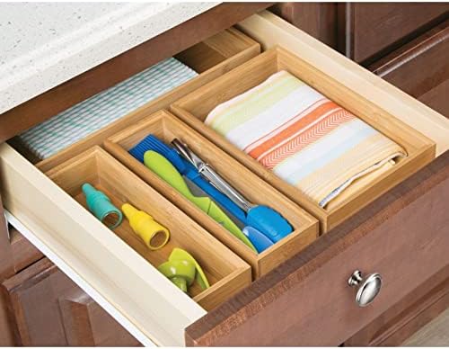mDesign Wooden Bamboo Drawer Organizer - 12" Long Stackable Storage Box Tray for Kitchen Drawers/Cabinet - Utensil, Silverware, Spatula, and Flatware Holder - Echo Collection - 4 Pack, Natural Wood - Image 3