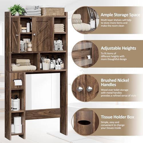 Over the Toilet Storage Cabinet, Freestanding Storage Cabinet Over Toilet, Bathroom Storages Organizer Cabinets with Toilet Paper Holder Stand and Adjustable Shelf, Walnut - Image 5
