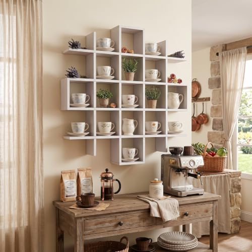 Suzile 5x5 Wall Shelf for Tea Cups Saucers, Rustic Wood Rack, White - Image 5