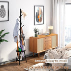 Freestanding Coat Rack with Umbrella Organizer Tray Bamboo Coat Tree Rack with 8 Hook Stand for Clothes Bag Hats Entryway Hanger Stand(Black) - Image 3