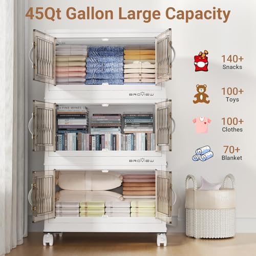 BROVIEW 225Qt Stackable Storage Bins with Lid, Extra Large Closet Organizer Collapsible Drawer Boxes with Wheels, Folding Plastic Cabinet Containers for Home Kitchen Room Organization, 5Pack White - Image 4