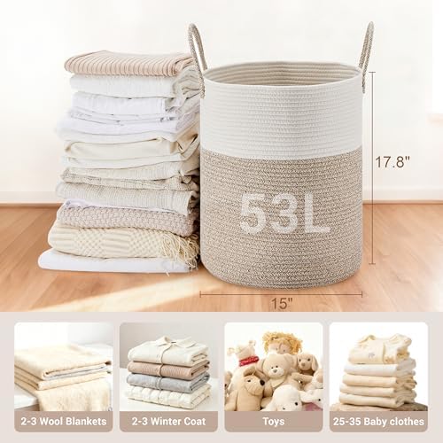 53L Tall Cotton Rope Laundry Basket with Handles, Brown - Image 2