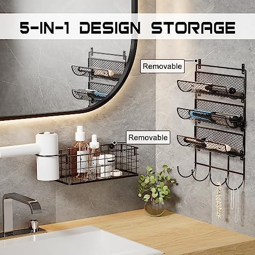 Wall-Mounted Hair Dryer Holder Styling Tool Organizer 4-Shelf Storage Wire Basket with Hook Heat Safe Rack for Hair-Straighteners,Curling Wands,Flat Iron,Perfume,Cabinet Door Bathroom Kitchen - Image 5