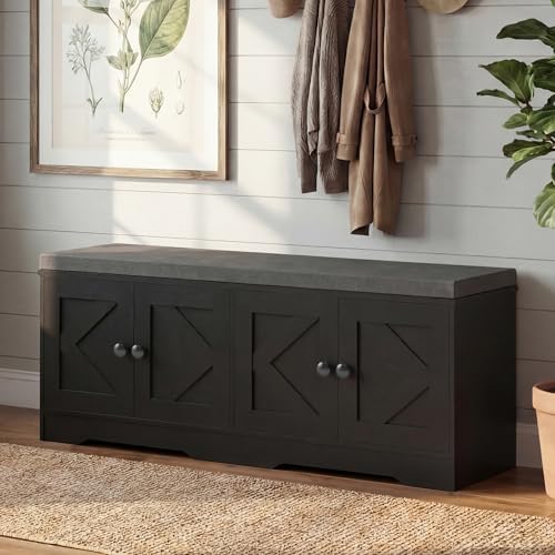 Apicizon Storage Bench with Seat Cushion, 2 Tier Entryway Bench with 4 Barn Doors, Adjustable Shelves, 47.36" Shoe Bench for Entryway Hallway Bedroom Living Room, Black - Image 6