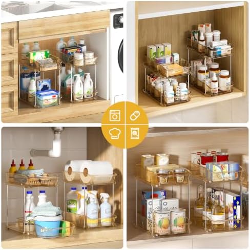 Delamu 2-Tier Under Sink Organizers and Storage, Multi-Purpose Stackable Bathroom Cabinet organizers, Pull Out Kitchen Pantry Organization and Storage with Dividers(4 Pack, Amber) - Image 4