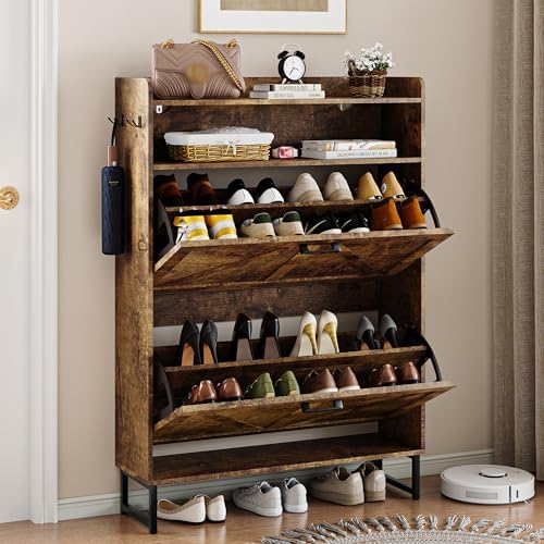 Wodeer Shoe Storage Cabinet with 2 Flip Drawers, Narrow Wood Shoe Cabinet Storage for Entryway with Metal Legs & Hooks, Adjustable Shelves, Freestanding Shoe Rack Organizer for Foyer, Hallway, Brown by WODEER