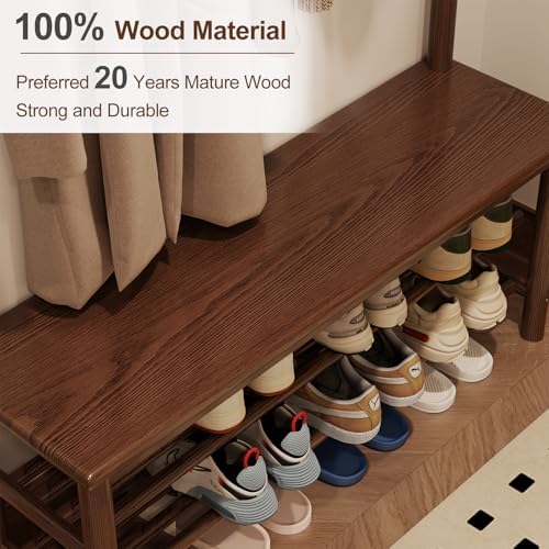 AQIMUELE Hall Tree, Coat Rack with Shoe Storage, Wooden Hall Tree with Bench, 11 Hooks and 2-Tier Storage Shelves, Entryway Bench with Coat Rack (39.3" - Deep Walnut) - Image 4