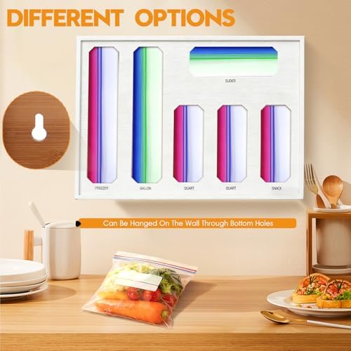 6 in 1 Bamboo Bag Storage Organizer, White Baggie Organizer for Drawer with Sliding Lid - Fits Gallon, Quart, Sandwich, Snack & Freezer Bags, Wall Mountable Kitchen Drawer Organization - Image 6