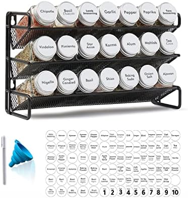 SpaceAid Spice Rack Organizer with 21 Spice Jars, 386 Spice Labels, Chalk Marker and Funnel Set for Cabinet, Countertop, Pantry, Cupboard or Door & Wall Mount - 21 Jars, 13.4" W × 9" H, White by SpaceAid