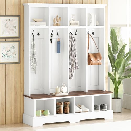 Merax Farmhouse Hall Tree with Bench and Shoe Storage, 59" Entryway Bench with Coat Rack, 8 Hooks and Top Compartments, 3-in-1 Entryway Hall Tree for Hallway, Living Room, White by Merax