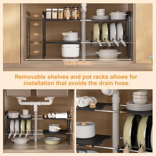 Under Sink Organizer 2 Tier Kitchen Storage Rack, Expandable Pot and Pan Organizer with Adjustable Height & 4 Dividers, Removable Kitchen Shelf for Cabinet, Countertop(6panels,1 Pot rack, Black) - Image 3