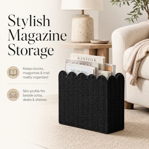 Black Paper Rope Magazine Holder, Scalloped Magazine Basket - Image 2