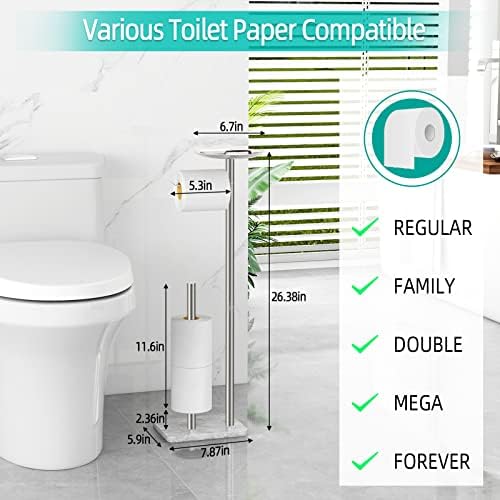 FEILERN Toilet Paper Holder Stand for Bathroom Floor Standing Toilet Roll Dispenser Storages 4 Reserve Rolls, with Top Storage Shelf for Cell Phones, Wipe, Wallet and More(Marble Brush Nickel) - Image 5