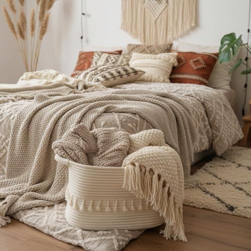 TeoKJ White Cotton Rope Baskets for Storage, Set of 3 Woven Clothes Basket for Organizing and Storage, Blanket Basket for Living Room Laundry Bathroom Shelves - Image 2