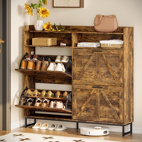 Wodeer Shoe Cabinet Storage for Entryway, Shoe Storage Cabinet with 4 Flip Drawers, Freestanding Narrow Shoe Rack Organizer with Metal Legs, Adjustable Shelves & Open Storage for Foyer, Hallway, Brown - Image 3