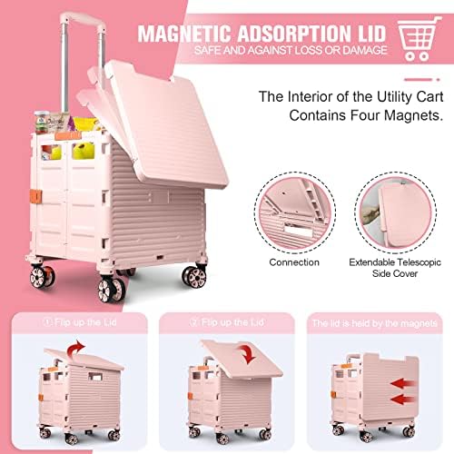 Foldable Utility Cart Folding Portable Rolling Crate with Magnetic Extended Lid,360°Rotate Wheels,176LBS Load Capacity,Heavy Duty Durable Dolly Cart for Teacher Tourist Shopping Office Outdoor - Image 6