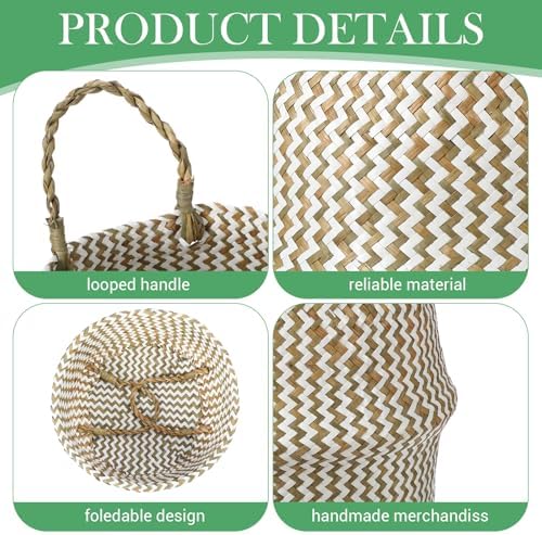 Qunclay 4 Pack Woven Seagrass Baskets Belly Basket Folding Boho Plant Pot with Handles Round Decorative Wicker Large Indoor Planter for Home Outdoor Tree Planters Decor(Natural, White) - Image 3