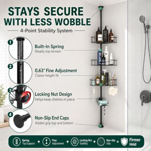 Shower Caddy Tension Pole, 4-Tier Heavy Duty Corner Organizer, 39-125 Inch - Image 2