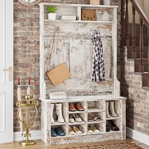 Itaar Hall Tree, Storage Bench, Shoe Rack for Entryway, Hall Tree with Bench and Adjustable Shoe Storage, Vintage White - Image 2