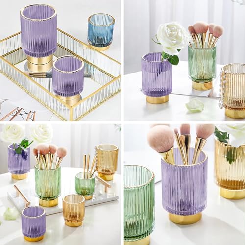 DASITON Makeup Brush holder Organizer,Crystal Cosmetic Makeup Brush Glass Brushes Storage Holder, Vintage Make Up Brush Cup Pen Pencil Holder striped vase(Purple S+L) - Image 4
