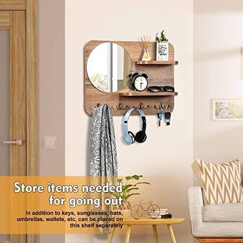 Wooden Key Rack with Mirror, Shelf and 4 Key Hooks for Rustic Entrances, Hallways, Living Rooms and Bedrooms - 16"x12" (Oak Color) - Image 2